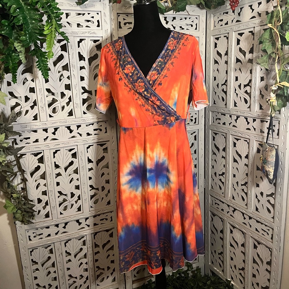 GROOVY GLAM ORANGE & MULTICOLOR TIE DYE SHEER SHORT SLEEVE MIDI DRESS